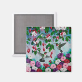 ハミングバードin明るい赤紫色フラワーガーデン マグネット (正面/裏面)