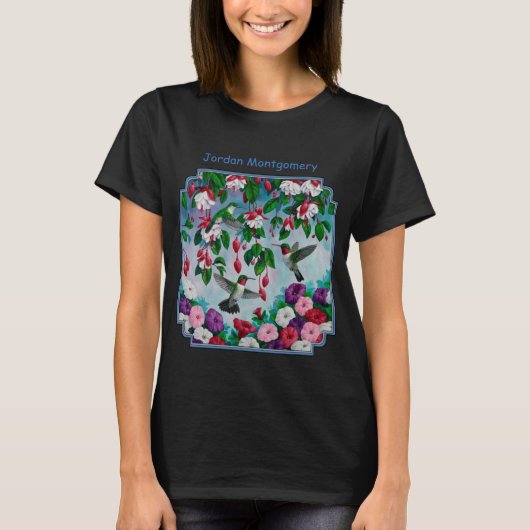 ハミングバードin明るい赤紫色フラワーガーデン tシャツ (正面)