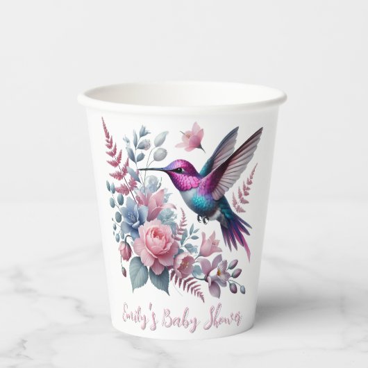 ハミングバ鮮やかードとピンクの開花赤ちゃんシャワー 紙コップ (正面)