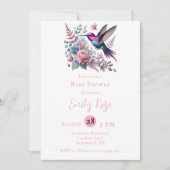 ハミングバ鮮やかードピンク開花ガールベビーシャワー 招待状 (正面)