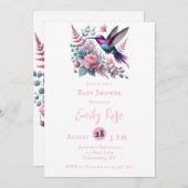 ハミングバ鮮やかードピンク開花ガールベビーシャワー 招待状 (正面/裏面)