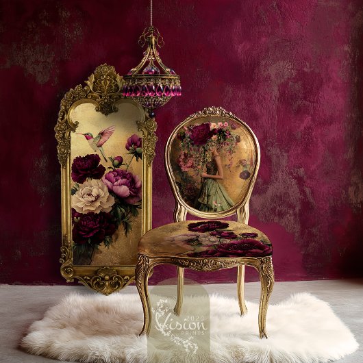 ハミング鳥とフローラ、バーガンディと金ゴールド背景 薄葉紙