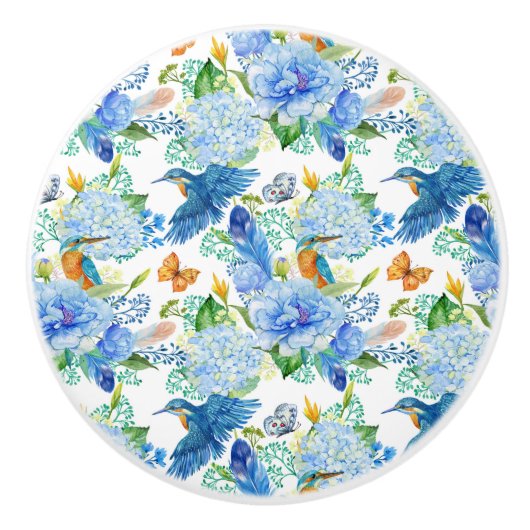 ハミング鳥と青あじさい セラミックノブ (正面)