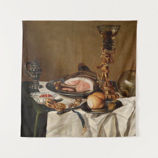 ハムと本と装飾容器の静物画 タペストリー (正面)