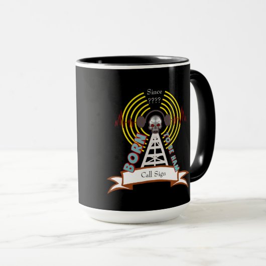 ハムのバイクもしくは自転車に乗る人のスタイルのアマチュア無線のマグがあるために生まれて下さい マグカップ (正面右)