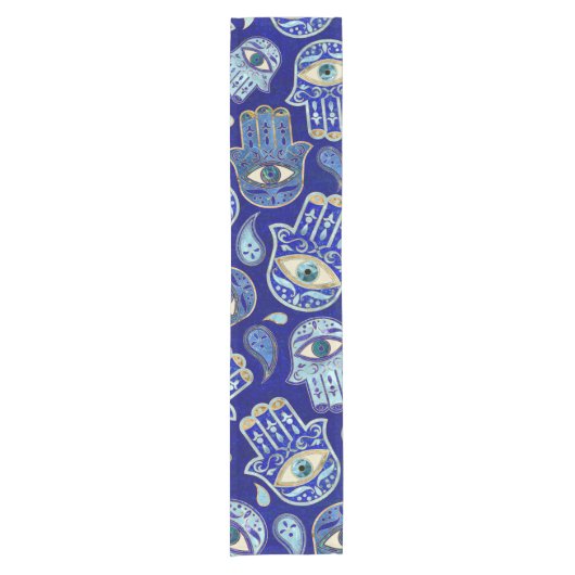 ハムサハンド – ファティマ柄の青い鉱物 ショートテーブルランナー (正面)