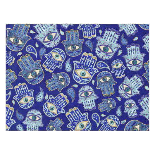 ハムサハンド – ファティマ柄の青い鉱物 テーブルクロス (正面(横))