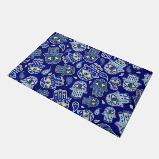 ハムサハンド – ファティマ柄の青い鉱物 ドアマット (アングル)