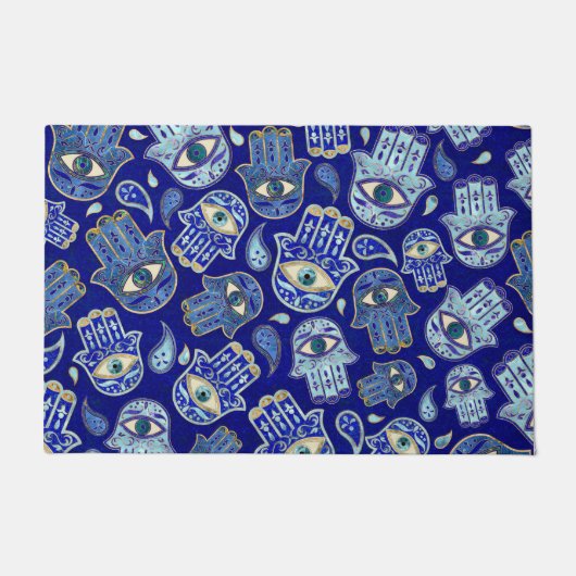 ハムサハンド – ファティマ柄の青い鉱物 ドアマット (正面)