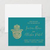 ハムサ ヘンナ ゴールド ティール ブルー デジ ウェディング インビテーション (正面/裏面)