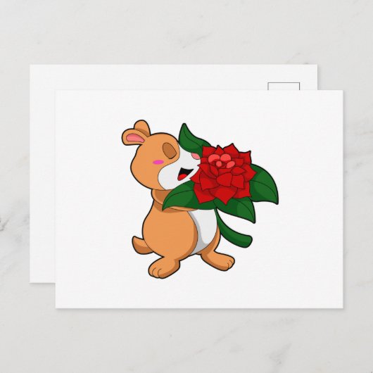 ハムスターと花のローズ ポストカード (正面/裏面)