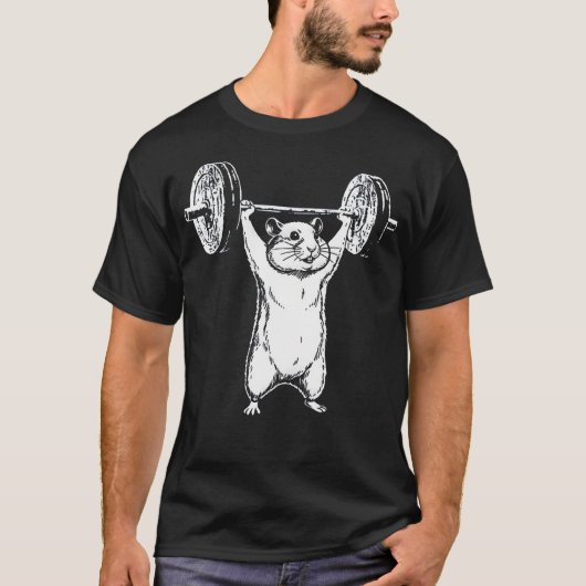 ハムスターのウエイトリフティング ジムトレーニングの面白い動物 Tシャツ (正面)