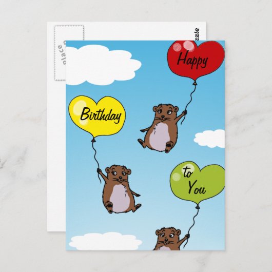 ハムスターの風船、ハッピーバースデートゥーユー ポストカード (正面/裏面)
