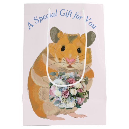 ハムスターは花束を編集可能なバレンタインのホールディング ミディアムペーパーバッグ (裏面)