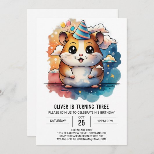 ハムスターフレンズよくはしゃぐ誕生日 招待状 (正面/裏面)