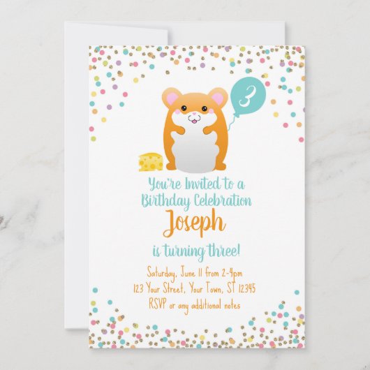 ハムスター誕生日パーティー招待ブルー紙吹雪 招待状 (正面)