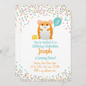 ハムスター誕生日パーティー招待ブルー紙吹雪 招待状 (正面/裏面)