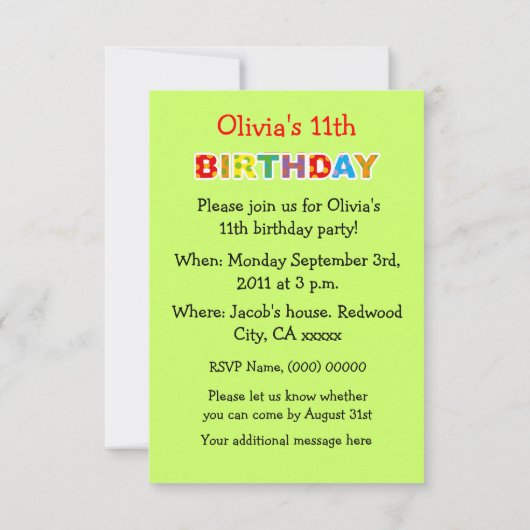 ハムスター風船11歳の誕生日パーティー 招待状 (裏面)