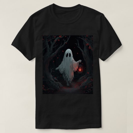 ハムフォレスの中にいる赤いランタンを掲げる白い幽霊 Tシャツ (デザイン正面)