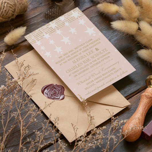 ハモ淡い色のギと金ゴールドの結婚星の下 招待状