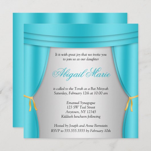 ハリウッドティール(緑がかった色)シルバーカーテンバルミツワー広場 招待状 (正面/裏面)