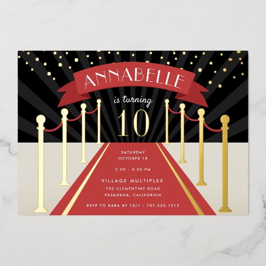ハリウッドレッドカーペットムービーテーマ誕生日パーティー 箔招待状 (正面)