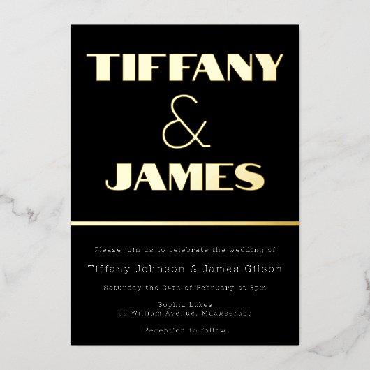 ハリウッドヴィンテージレトロ結婚スタイル金ゴールド 箔招待状 (正面)