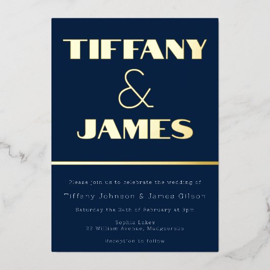 ハリウッドヴィンテージレトロ結婚ネイビーズゴールドフォイル 箔招待状 (正面)