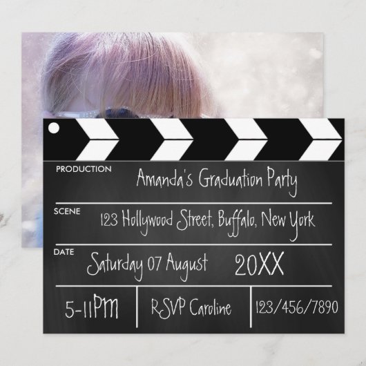 ハリウッド映画卒業パーティーチョークボード写真 招待状 (正面/裏面)