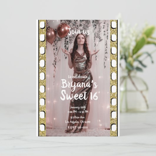 ハリウッド映画金ゴールドグリッターフィルムスウィート16パーティー 招待状 (スタンド正面)