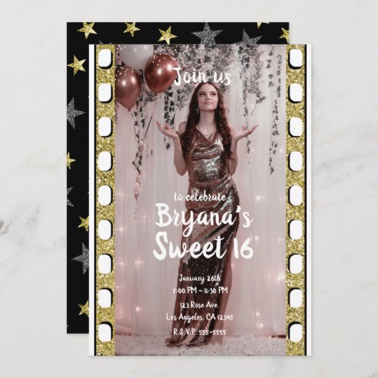 ハリウッド映画金ゴールドシルバースターズスウィート16写真I 招待状 (正面/裏面)
