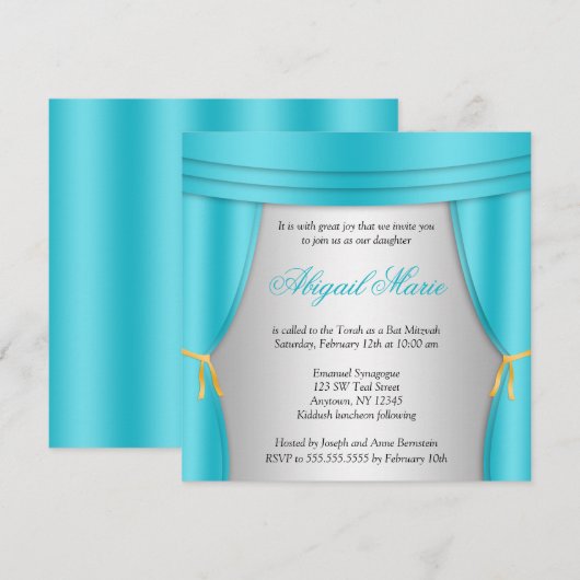 ハリウッド ティール シルバー カーテン バット ミッツヴァー スクエア 招待状 (正面/裏面)