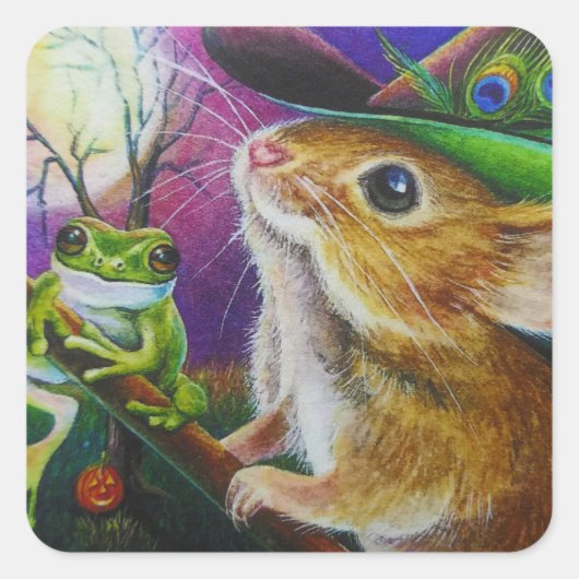 ハリエットハロウィーンウィッチマウスカエル水彩アート スクエアシール (正面)