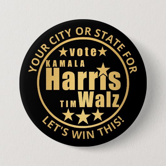 ハリスワルツ金ゴールドパーソナライズされた選挙政治運動 缶バッジ (正面)