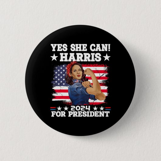 ハリス2024大統領選挙カマラYES SHE CAN 缶バッジ (正面)
