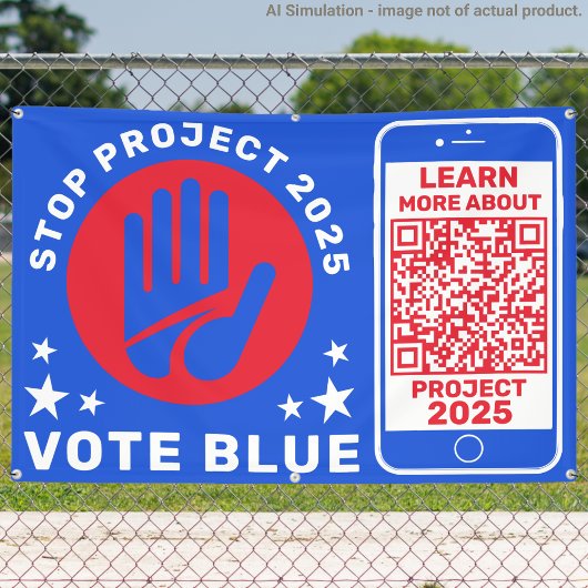 ハリス・ウォルズ 投票 青 'プロジェクト2025を阻止せよ!' QRコード 横断幕