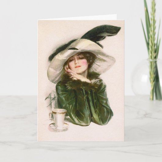 ハリソン・フィッシャーの「満足」とコーヒーの挨拶 カード (正面)