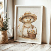 ハリネズミお洒落のキノコ籠ウッドランド動物 ポスター