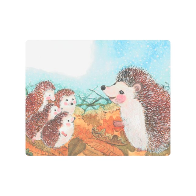 ハリネズミが互いに話し合うイラストレーション メタルプリント (正面)