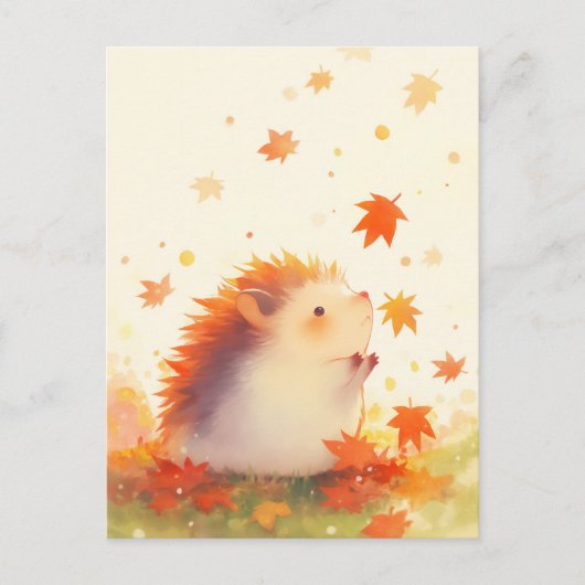ハリネズミが落ち葉を見る紅葉 ポストカード (正面)