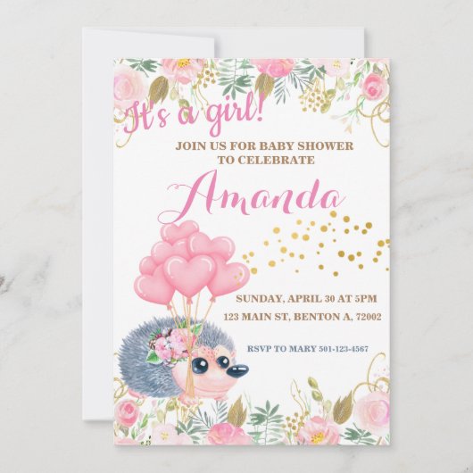 ハリネズミが風船ピンクのフローラシャワー 招待状 (正面)