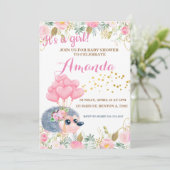 ハリネズミが風船ピンクのフローラシャワー 招待状 (スタンド正面)