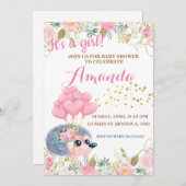 ハリネズミが風船ピンクのフローラシャワー 招待状 (正面/裏面)