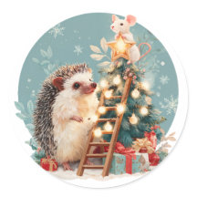 ハリネズミとネズミのクリスマスツリー飾り付け