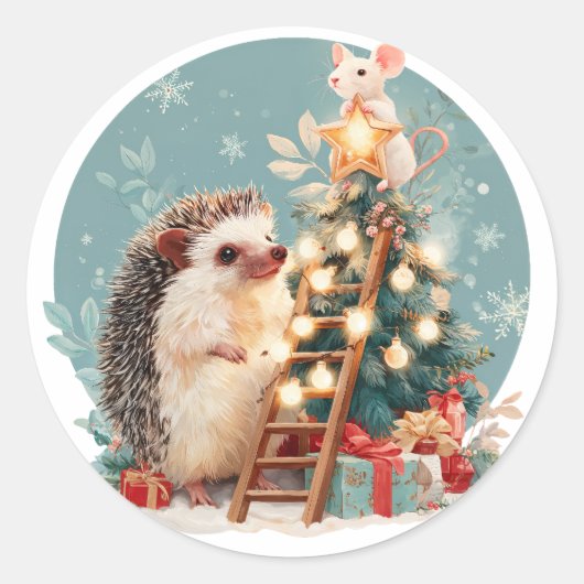 ハリネズミとネズミのクリスマスツリー飾り付け ラウンドシール (正面)