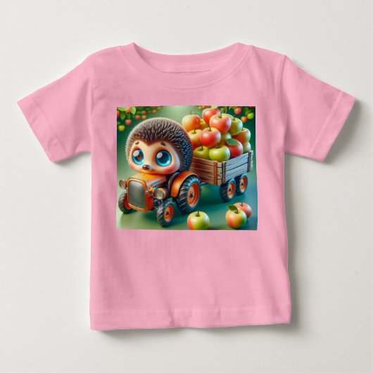 ハリネズミとリンゴ付きオレンジトラクター ベビーTシャツ (正面)