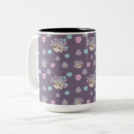 ハリネズミと花柄 ツートーンマグカップ (正面左)