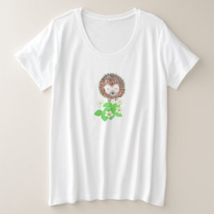 ハリネズミと野生のイチゴの花 プラスサイズTシャツ