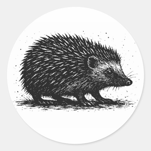 ハリネズミのインクイラスト — 黒と白の生き物 ラウンドシール (正面)