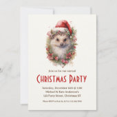 ハリネズミのサンタ帽 赤いポインセチアのクリスマスパーティー 招待状 (正面)